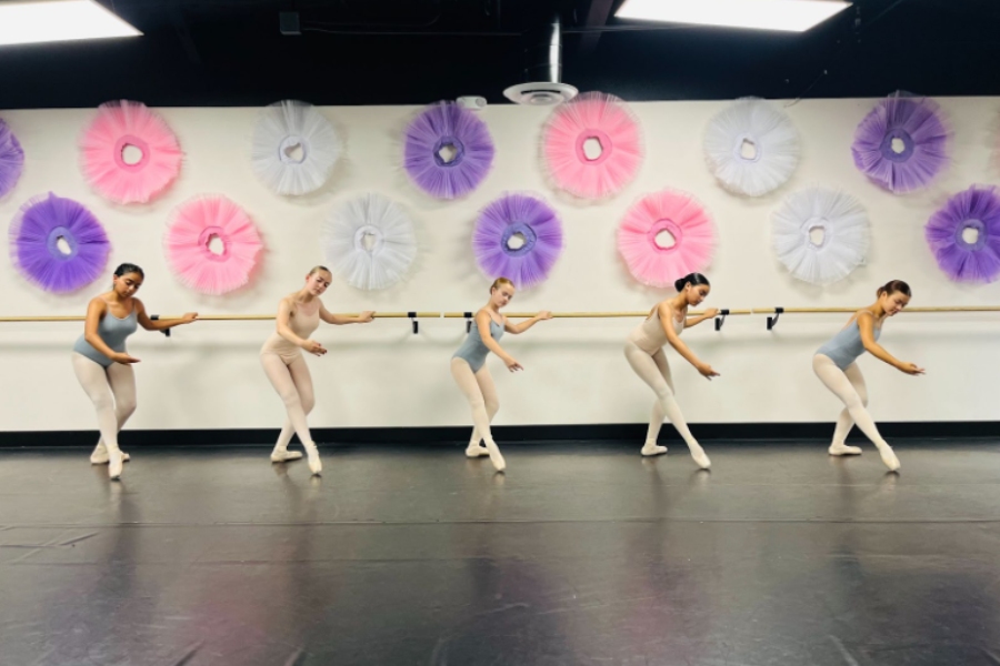 Five young ballet dancers in leotards and tights practice at a barre in a dance studio decorated with pastel-colored tutu wall art.