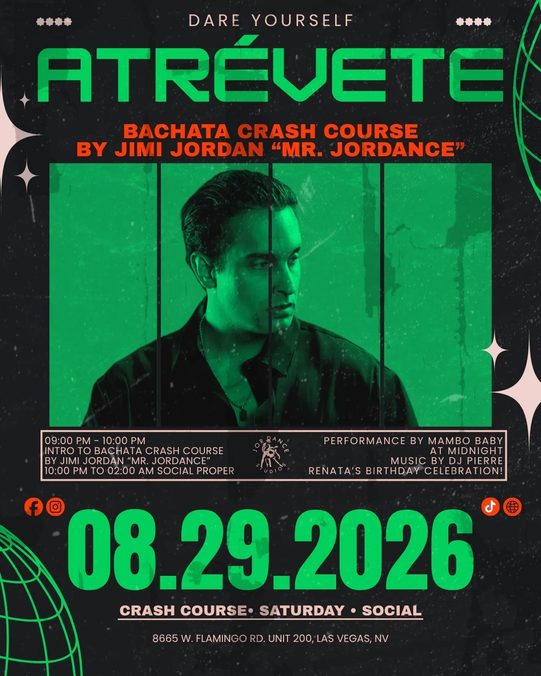 Bachata crash course with Jimi Jordan, Mr. Jordance, at the Atrevete social on August 29, 2026