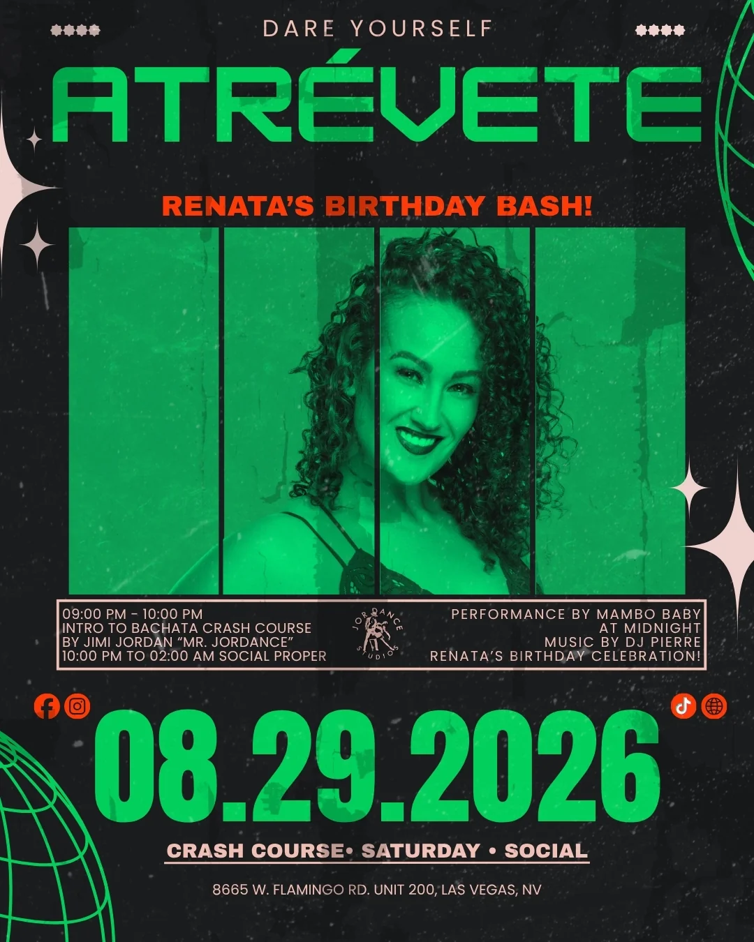 Renata's birthday bash at the Atrevete salsa and bachata social on August 29, 2026