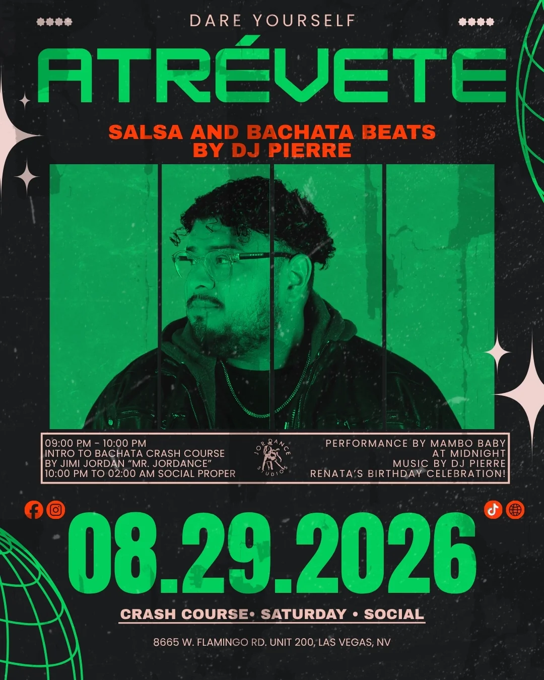 Salsa and bachata beats by DJ Pierre at the Atrevete social on August 29, 2026