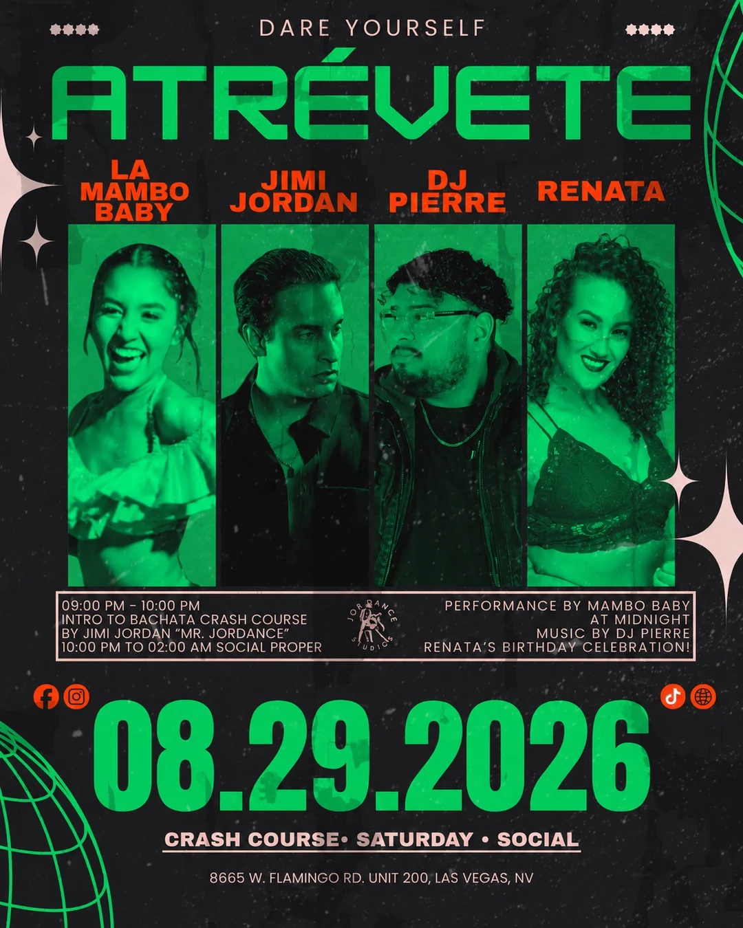 Atrevete salsa and bachata social flyer for August 29, 2026 at Jordance Studios, featuring La Mambo Baby, Jimi Jordan, DJ Pierre and Renata