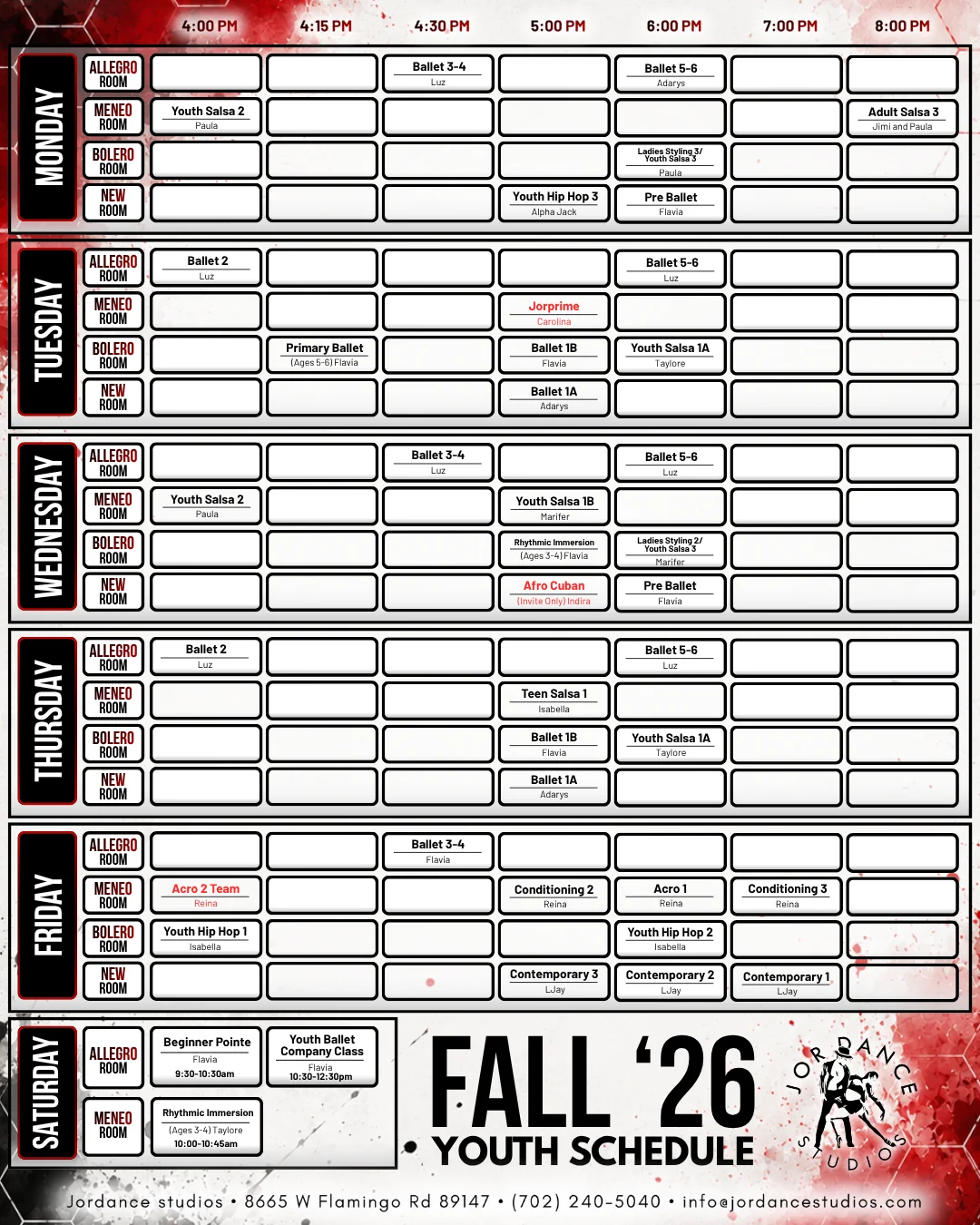 Jordance Studios youth class schedule for Fall 2026, Monday to Friday from 4:00pm to 8:00pm plus Saturday mornings, listing ballet, pointe, youth and teen salsa, hip hop, acro, contemporary, conditioning, Afro-Cuban and rhythmic immersion classes by room and instructor.