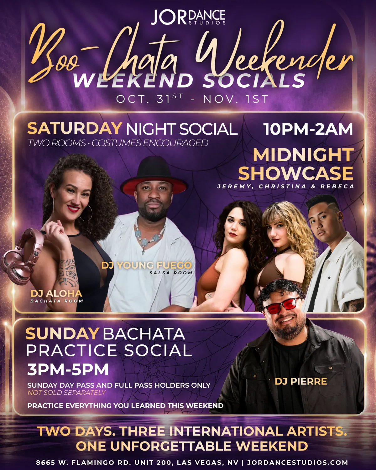 Boo-Chata Weekender socials flyer: Saturday Night Social October 31, 10pm to 2am with a midnight showcase, and Sunday Bachata Practice Social November 1, 3pm to 5pm