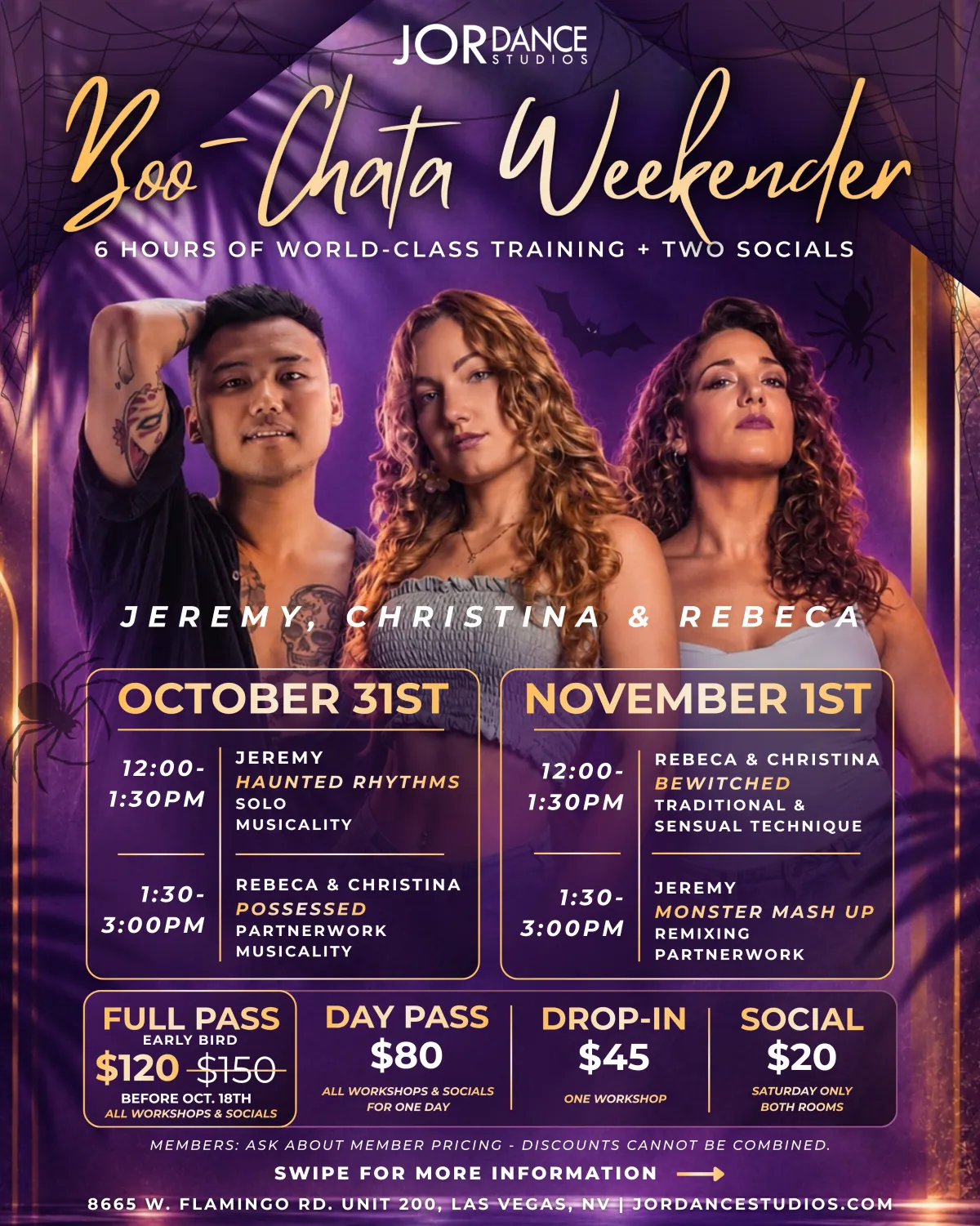 Boo-Chata Weekender flyer: bachata workshops with guest artists Jeremy, Christina and Rebeca on October 31 and November 1, with pass prices